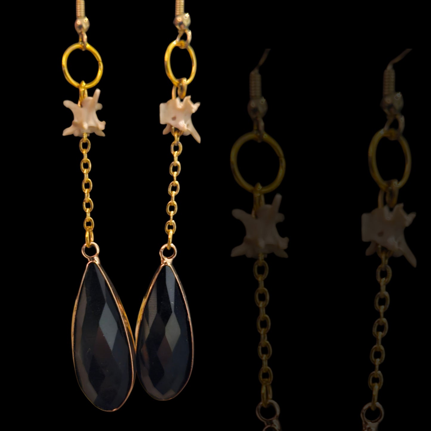 Gold Dangle Black Gem Vertebrae Earrings