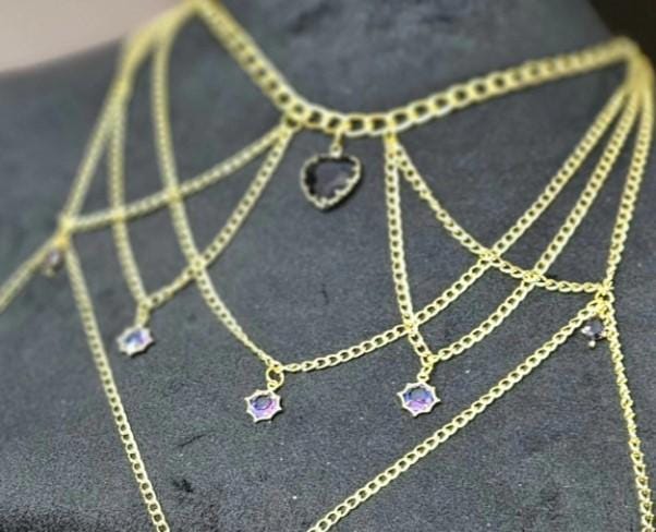 Amethyst Gold Goddess Bodychain body jewelry harness choker necklace pendant charm waist bead