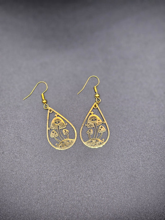 Gold Trippy Mushroom Earrings