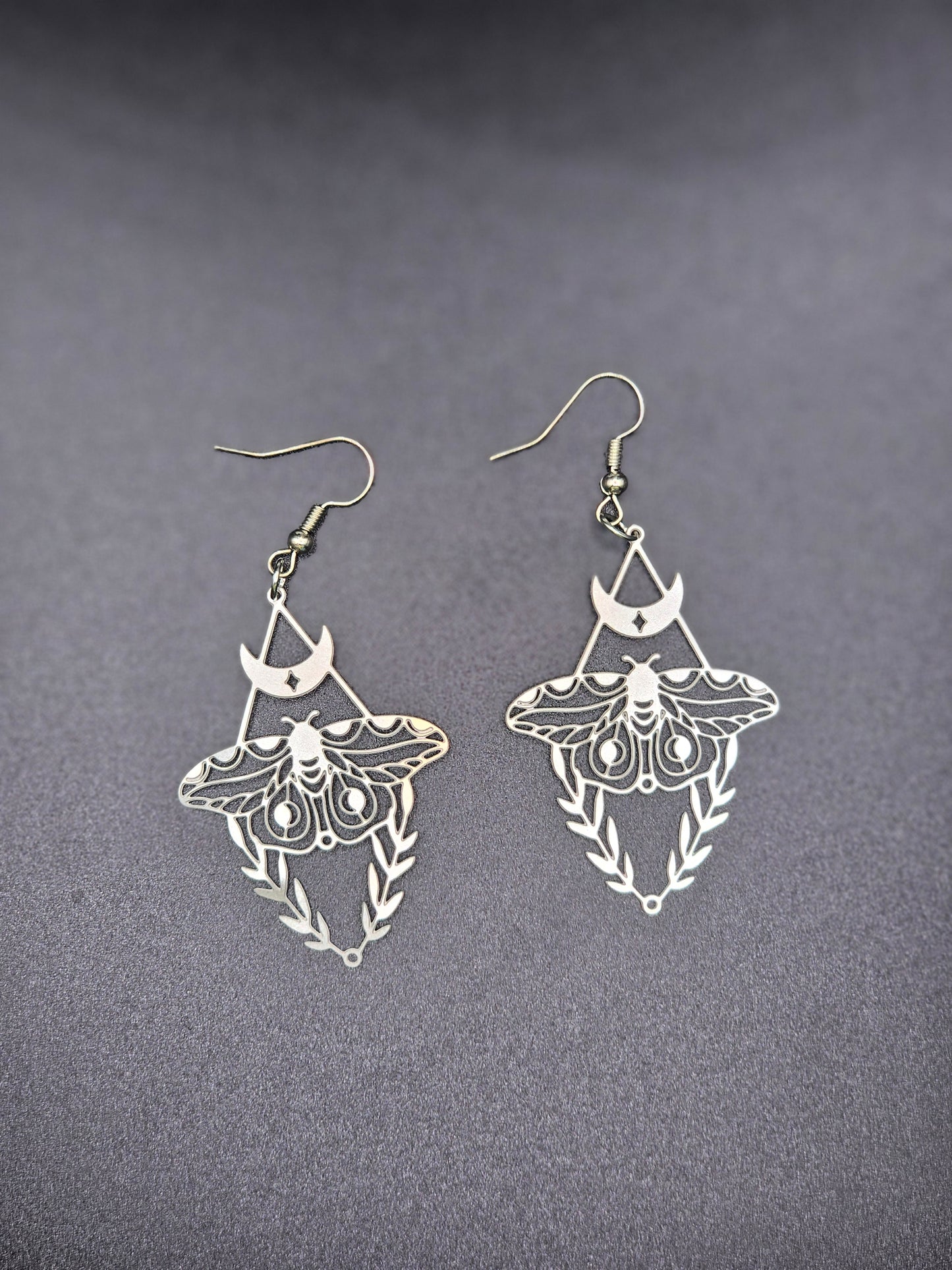 Silver Moth Diamond Moon Earrings