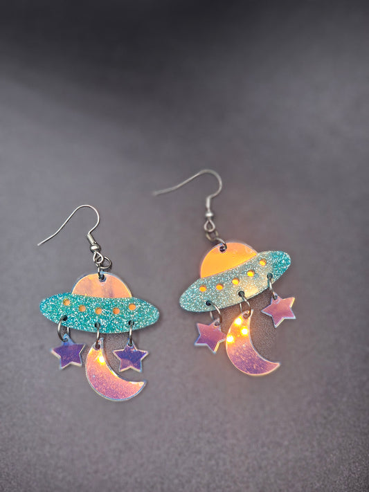 Blue UFO and Stars Earring