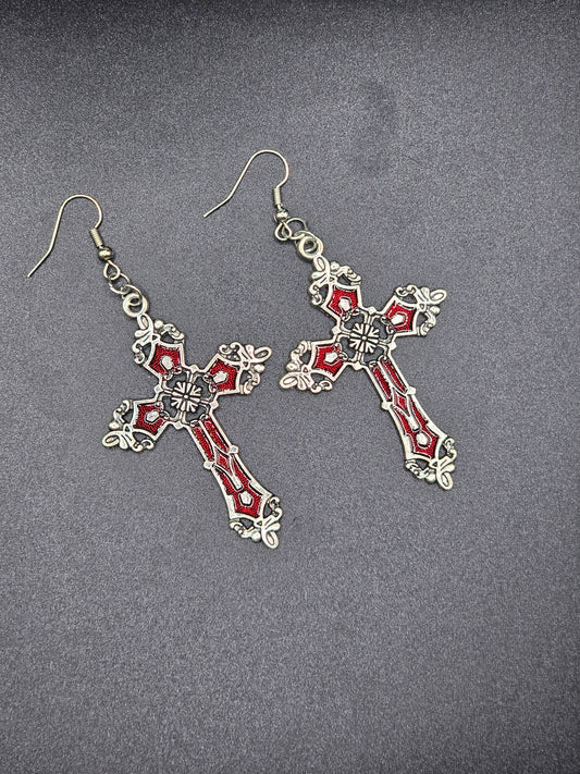 Red Gothic Cross Earrings