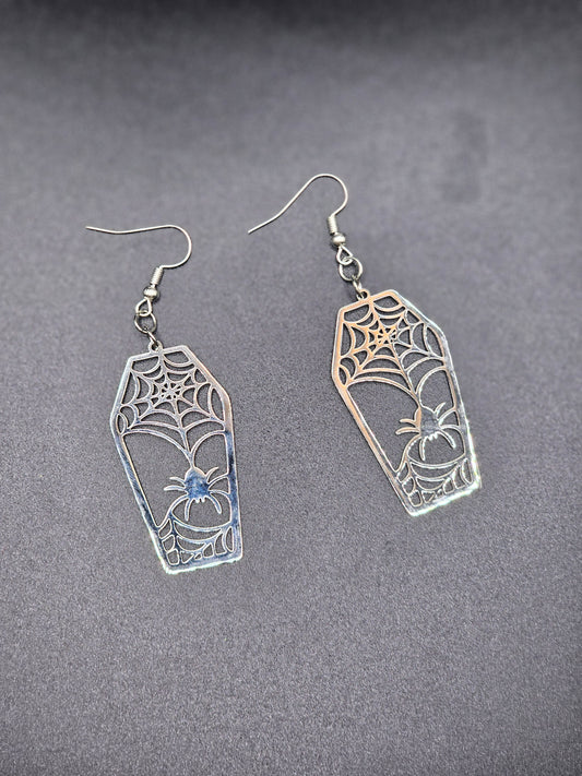 Silver Spider Coffin Earrings