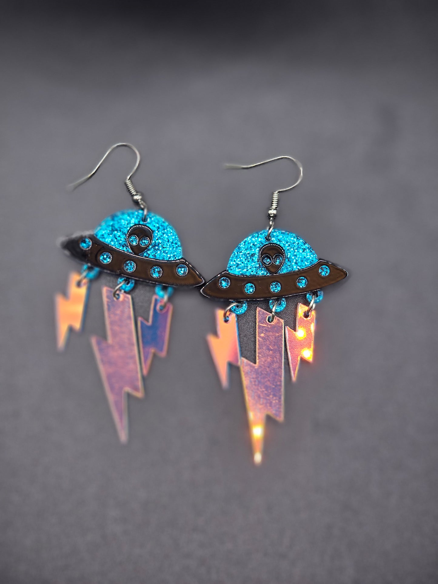 Blue Sparkle Holographic UFO Earrings