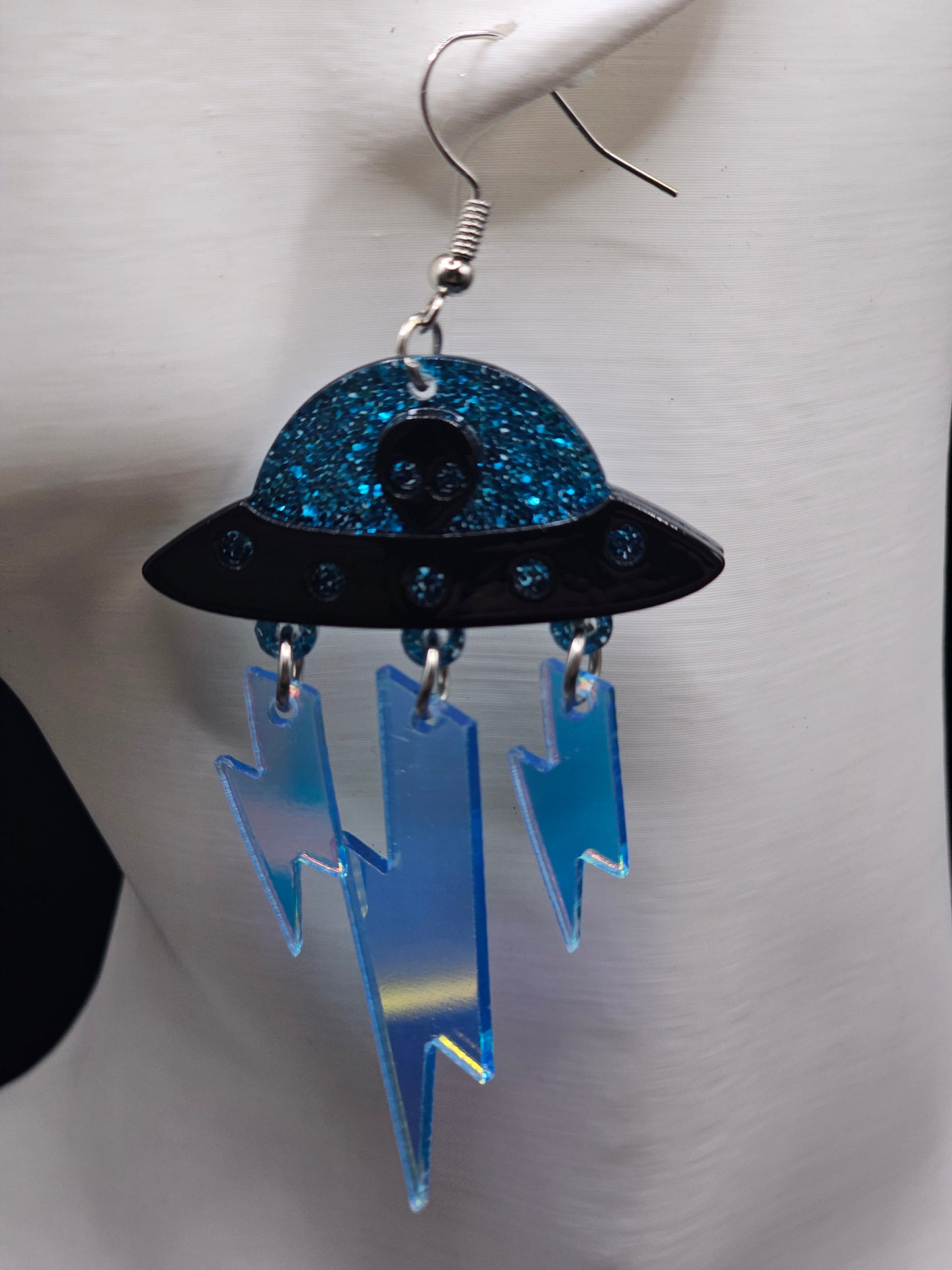 Blue Sparkle Holographic UFO Earrings