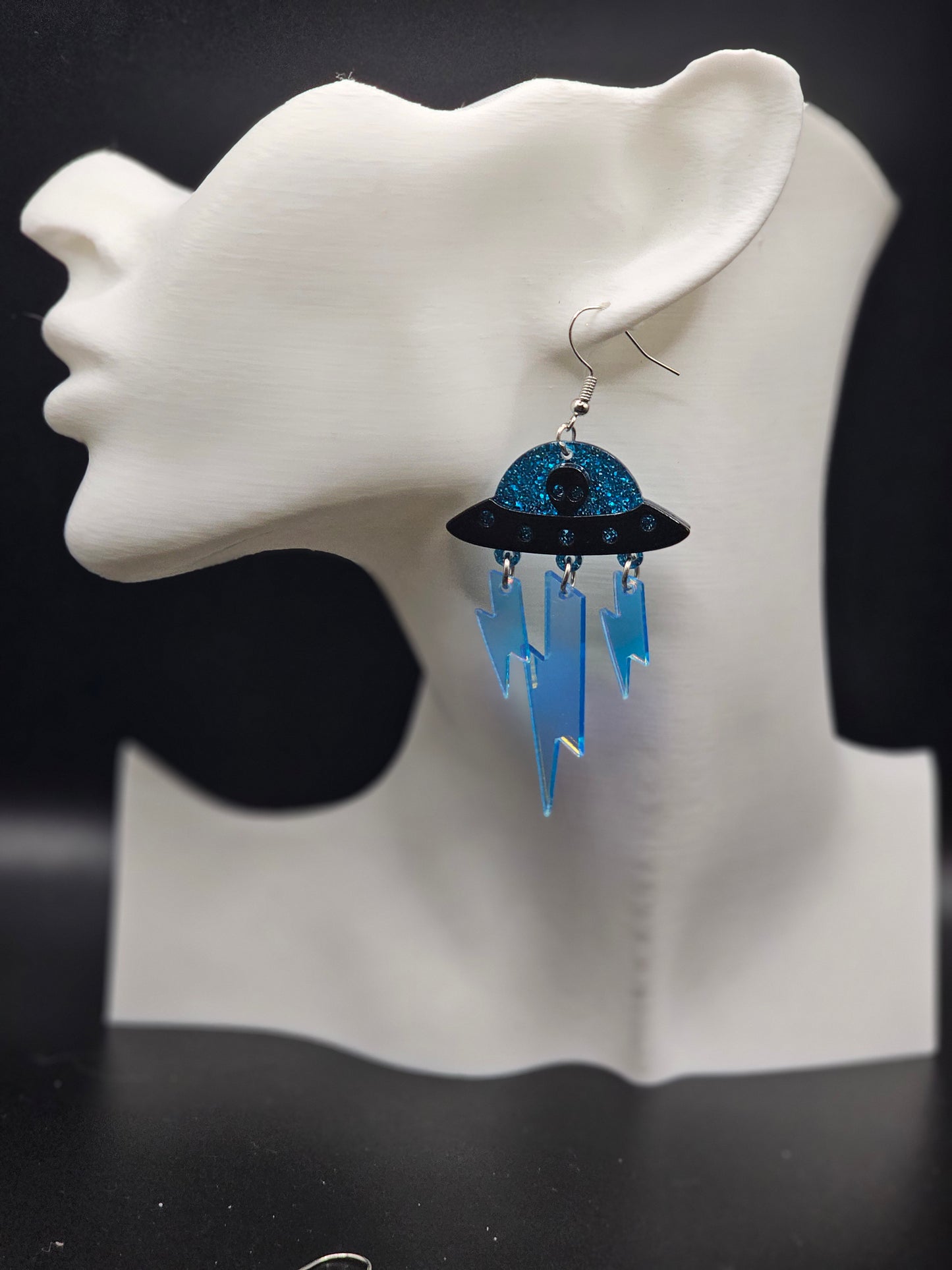 Blue Sparkle Holographic UFO Earrings